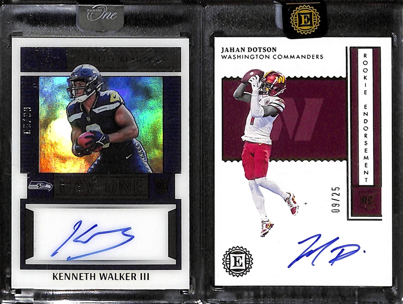 (7) Football Rookie Autograph Cards inc. 2023 Chronicles Draft Picks Optic Jordan Addison (SGC 10) (#/49), 2022 Panini One Kenneth Walker (#/99), 2022 Encased Jahan Dotson (#/25),+